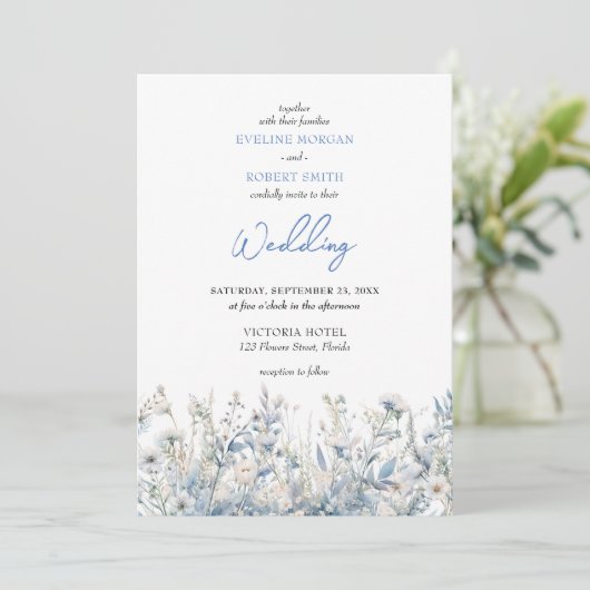 Invitation Boho bleu poussiéreux fleurs sauvages mariage invi (Debout devant)