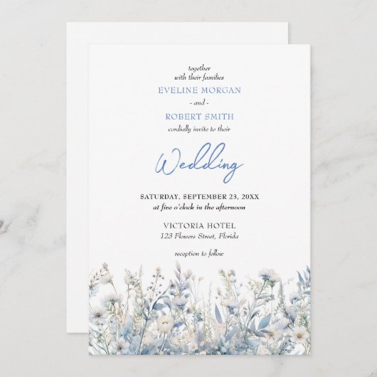 Invitation Boho bleu poussiéreux fleurs sauvages mariage invi (Devant / Derrière)