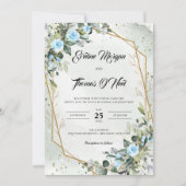 Invitation Boho bleu poussiéreux verdure et cadre doré (Devant)
