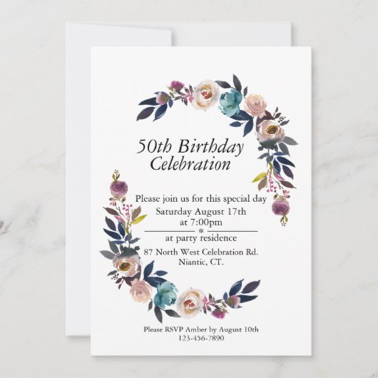 Invitation Boho bleu rose bleu personnalisable 50e anniversai (Devant)