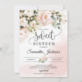Invitation Boho bleu rose floral or feuille sweet sixteen (Devant)