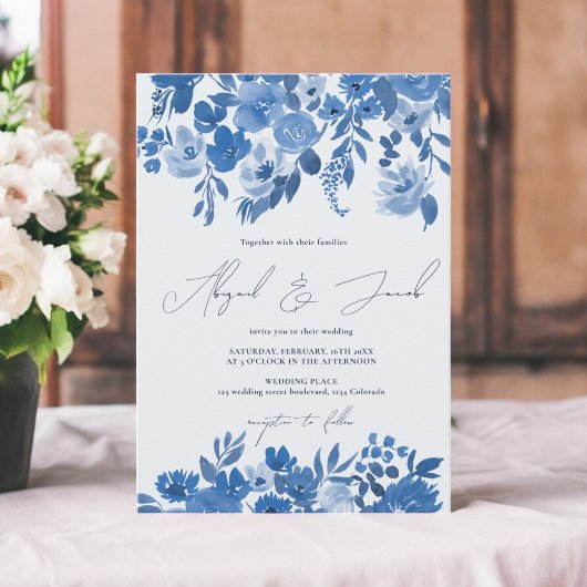 Invitation Boho bleu rustique main peint à la mariage floral
