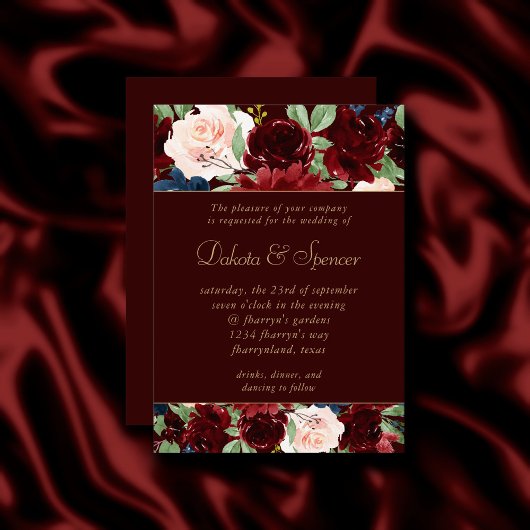 Invitation Boho Bloom | Dark Elegant Bourgogne Rouge et Marin