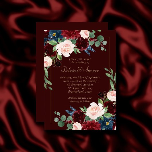 Invitation Boho Bloom | Dark Elegant Roses rouge et bleu