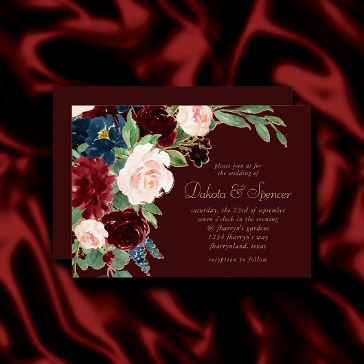 Invitation Boho Bloom | Dark Elegant Roses rouge et bleu