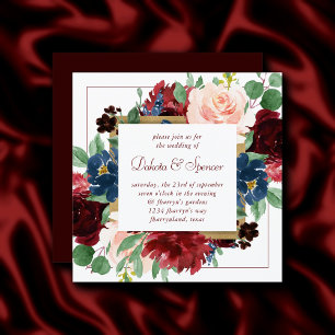 Invitation Boho Bloom   Elégant cadre Carré rouge Bourgogne
