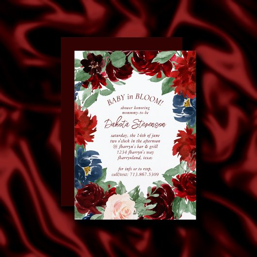 Invitation Boho Bloom | Elegant Rouge Blush et Roses bleu mar