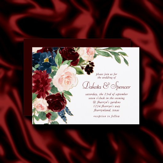 Invitation Boho Bloom | Elégant rouge Bourgogne et bleu marin