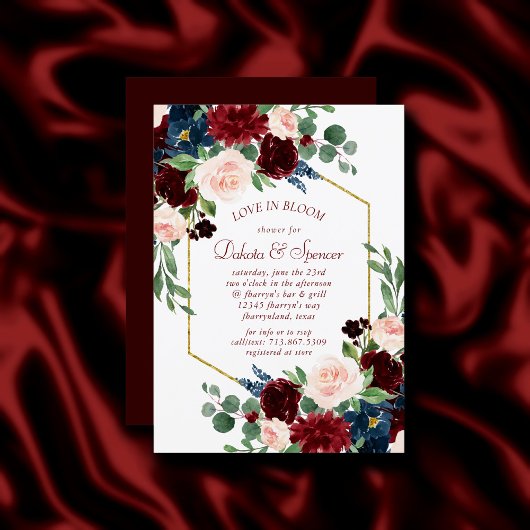 Invitation Boho Bloom | Elégante Bourgogne et douche bleu mar