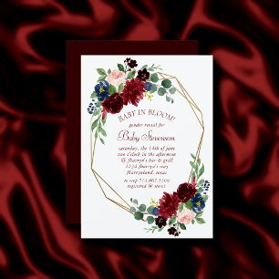 Invitation Boho Bloom   Elégante Bourgogne et douche bleu mar