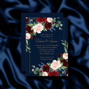 Invitation Boho Blooms   Bouquet bleu marine foncé et bordeau
