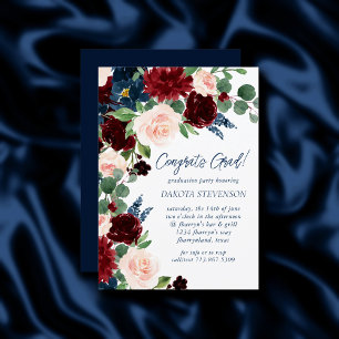 Invitation Boho Blooms Russe Marine Bleue et Rouge Bourgogn