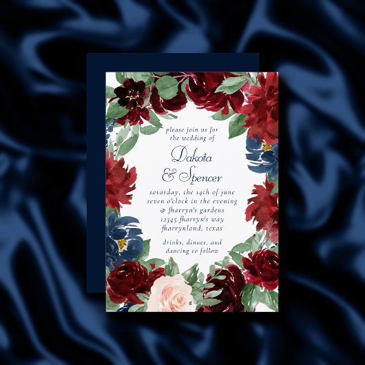 Invitation Boho Blooms | Russe Navy Blue et Burgundy Wreath