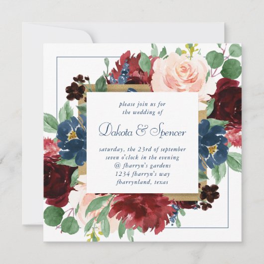 Invitation Boho Blooms | Russe Navy Blue et Burgundy Wreath (Devant)