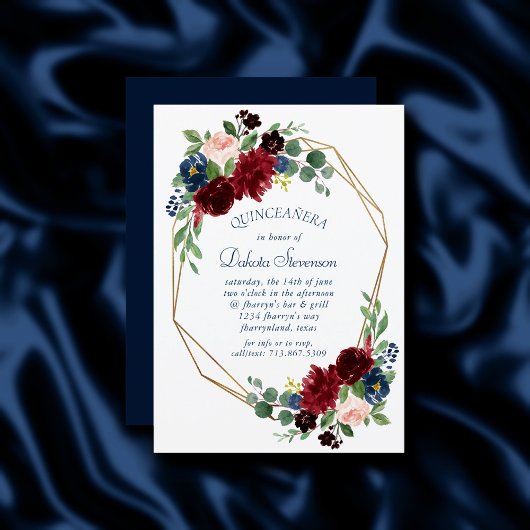 Invitation Boho Blooms | Russe Navy et Bourgogne Quinceanera