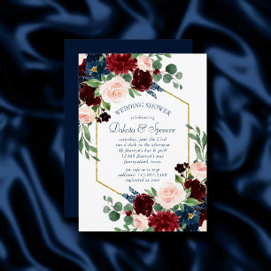 Invitation Boho Blooms   Rustic Navy Bleu et Bourgogne Douche