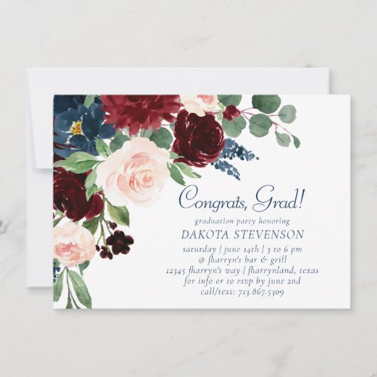 Invitation Boho Blooms | Rustic Navy et Bourgogne (Devant)
