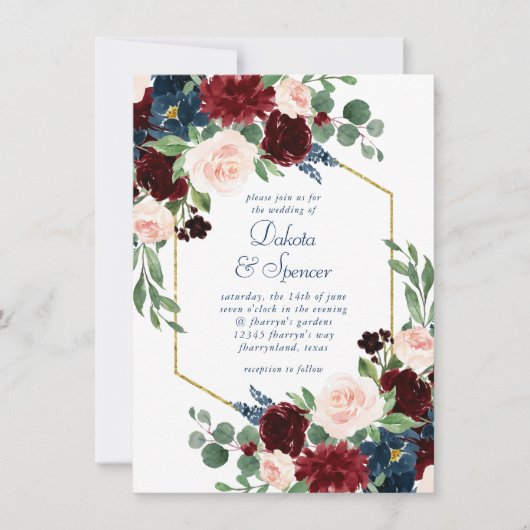Invitation Boho Blooms | Rustic Navy et Bourgogne Red Frame (Devant)