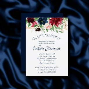 Invitation Boho Blooms Rustic Navy et Burgundy Glamping