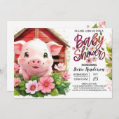 Invitation Boho Blossoms Baby shower de cochon rose (Devant / Derrière)