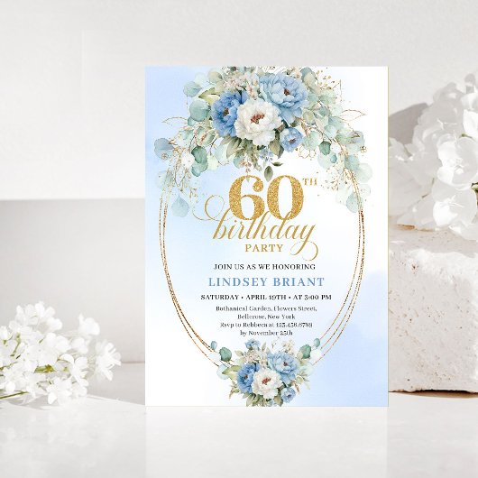 Invitation Boho Blue and gold peony floral chic 60th birthday