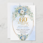 Invitation Boho Blue and gold peony floral chic 60th birthday (Devant)