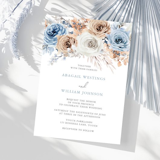 Invitation Boho Blue : Aquarelle Bleu Bohème Mariage Floral