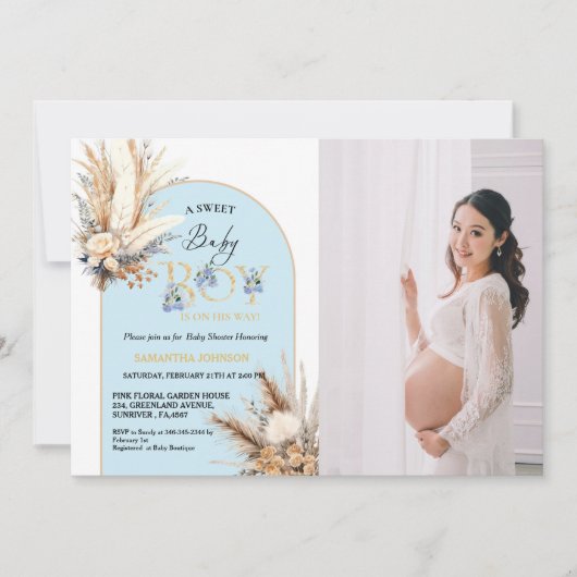 Invitation Boho Blue Arch Pampas Grass Baby Baby shower (Devant)