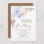 Invitation Boho Blue Brown Floral Pampas Grass Anniversaire (Devant / Derrière)