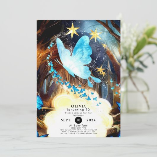 Invitation Boho Blue Butterfly Anniversaire (Debout devant)