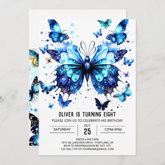 Invitation Boho Blue Butterfly Boy (Devant / Derrière)