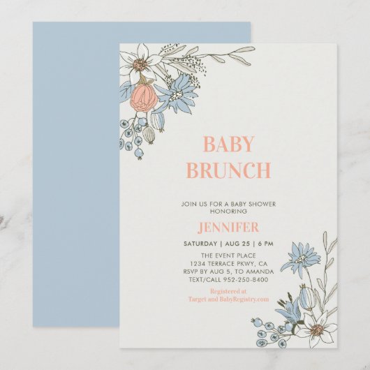 Invitation Boho Blue & Coral Floral Baby Brunch Douche (Devant / Derrière)