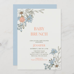 Invitation Boho Blue & Coral Floral Baby Brunch Douche