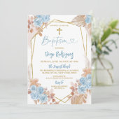 Invitation Boho Blue et Gold Floral Baptism (Debout devant)