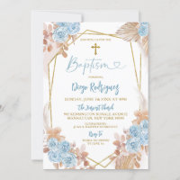 Invitation Boho Blue et Gold Floral Baptism