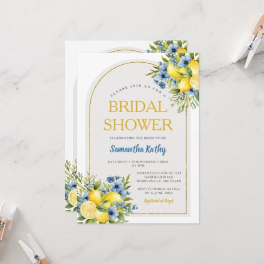 Invitation Boho Blue Floral Citrus Lemonade Fête des mariées (Devant/Arrière en situation)