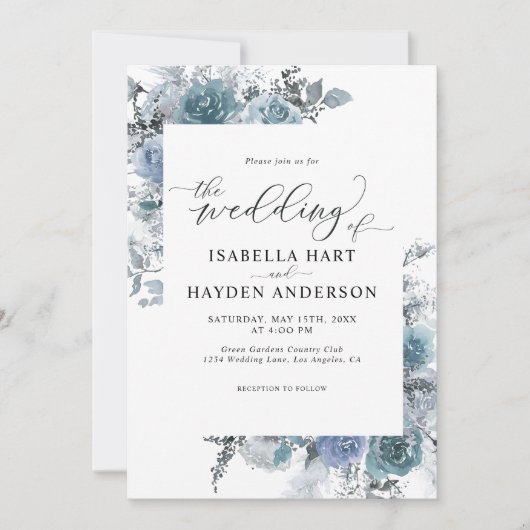 Invitation Boho Blue Floral Dusty Ardoise Pastel Mariage Invi (Devant)