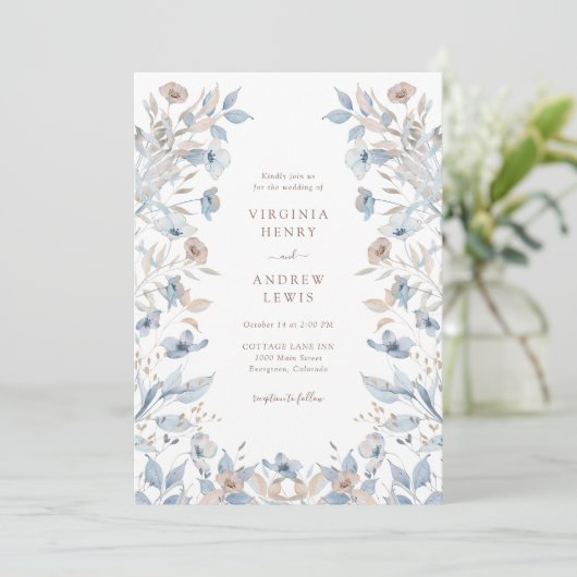 Invitation Boho Blue Floral Mariage (Debout devant)