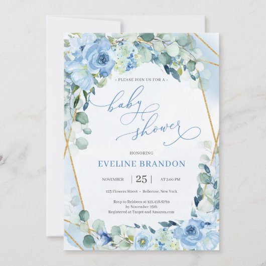 Invitation Boho Blue Floral or Baby shower géométrique Boy (Devant)