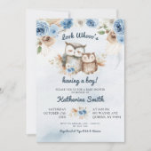 Invitation Boho Blue Floral Owl Baby shower (Devant)