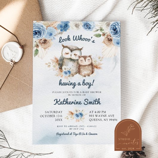 Invitation Boho Blue Floral Owl Baby shower