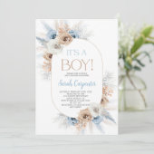 Invitation Boho Blue Floral Pampas Grass Baby shower Garçon (Debout devant)