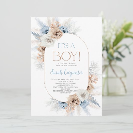Invitation Boho Blue Floral Pampas Grass Baby shower Garçon (Debout devant)