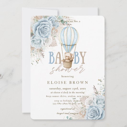 Invitation Boho Blue Floral Pampas Teddy Bear Baby shower (Devant)