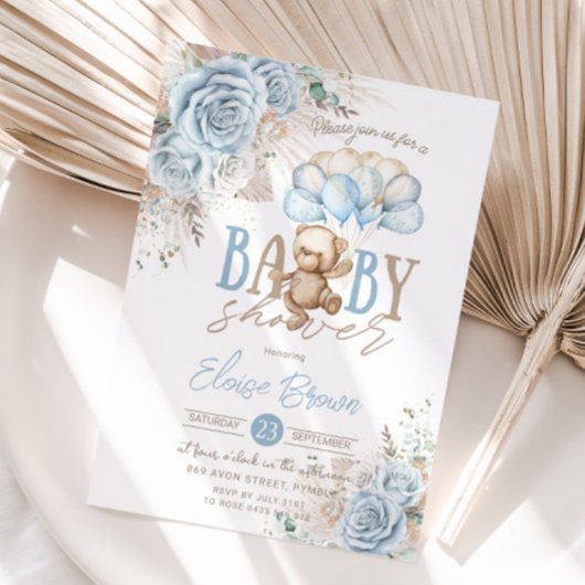 Invitation Boho Blue Floral Pampas Teddy Bear Boy Baby shower
