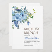Invitation Boho Blue Flowers aquarelle brunch d'anniversaire (Devant / Derrière)