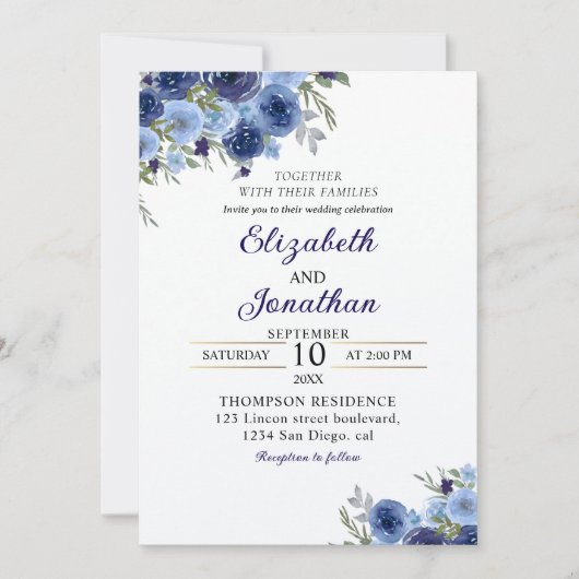 Invitation Boho Blue Flowers – Rustic Wedding (Devant)