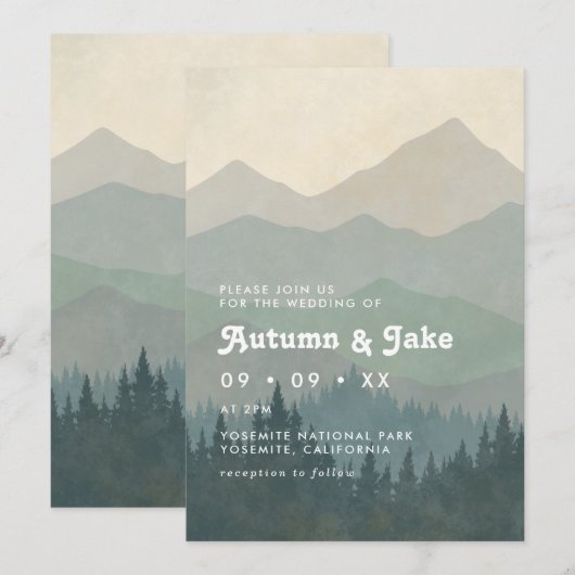 Invitation Boho Blue Forest Mountains Retro Wedding  (Devant / Derrière)
