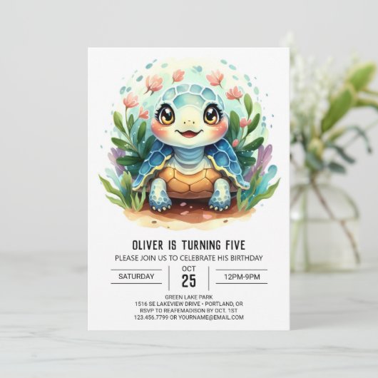 Invitation Boho Blue Fun Turtle Boy Anniversaire (Debout devant)