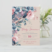 Invitation Boho Blue Garden Baby shower Floral Champagne (Debout devant)